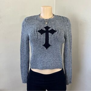 Gray Ribbed Sweater with Black Cross Design